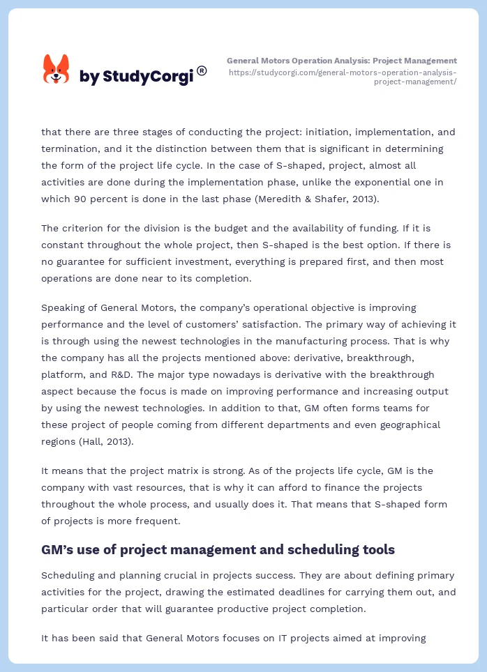 General Motors Operation Analysis: Project Management. Page 2