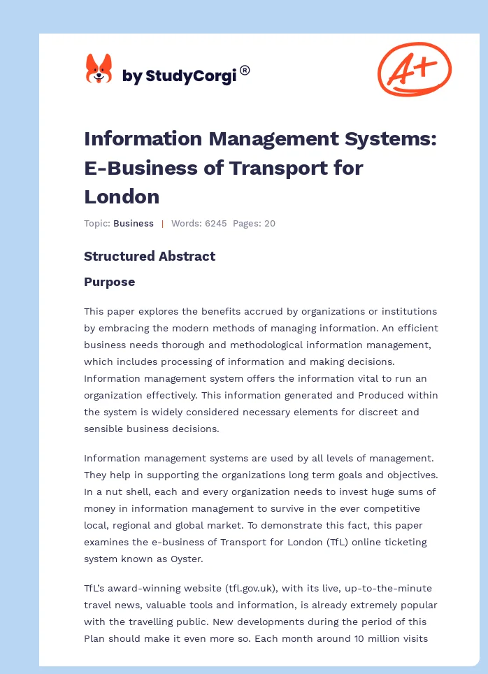 Information Management Systems: E-Business of Transport for London. Page 1