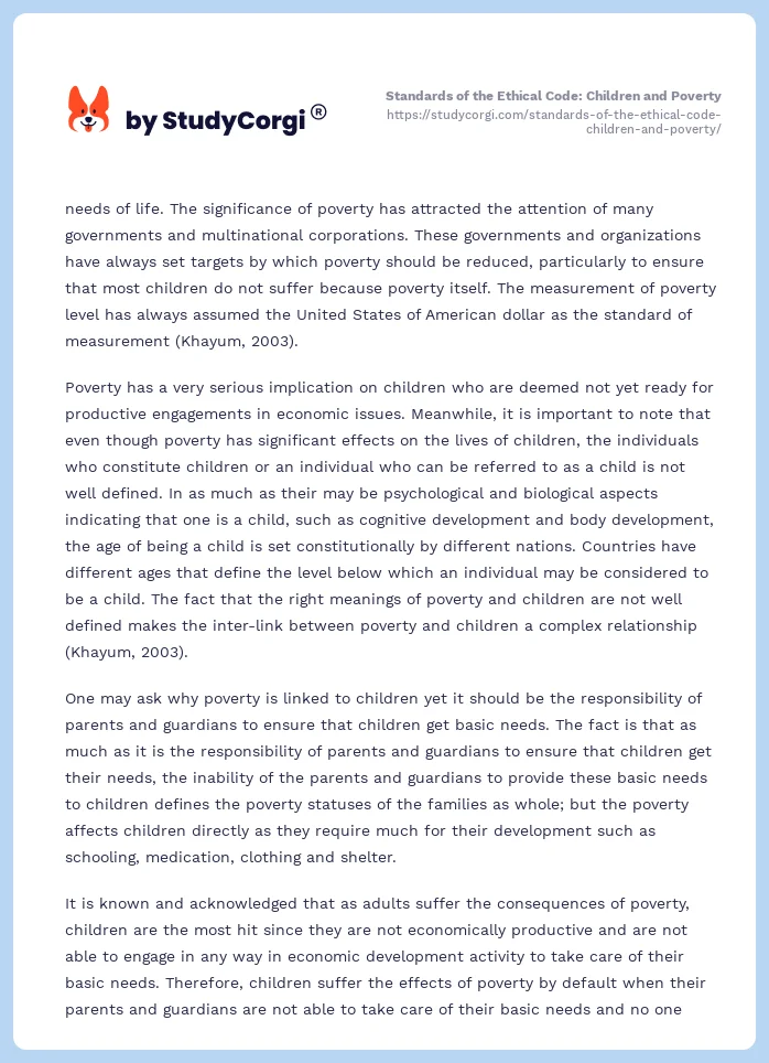 Standards of the Ethical Code: Children and Poverty. Page 2