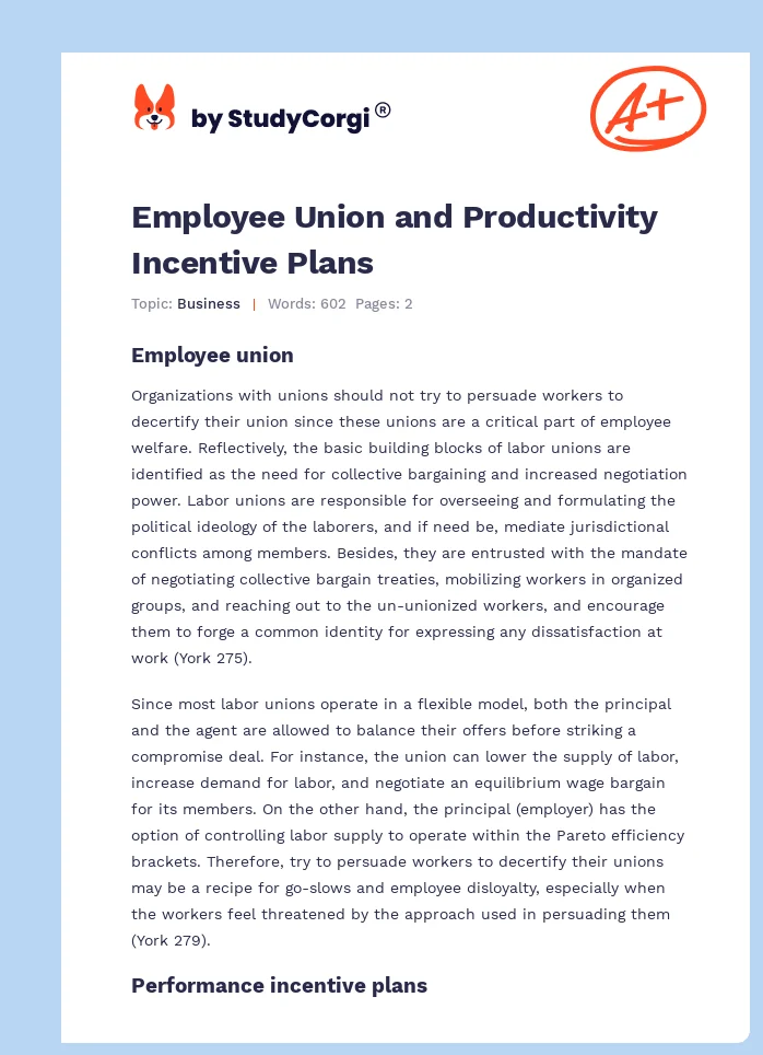 Employee Union and Productivity Incentive Plans. Page 1