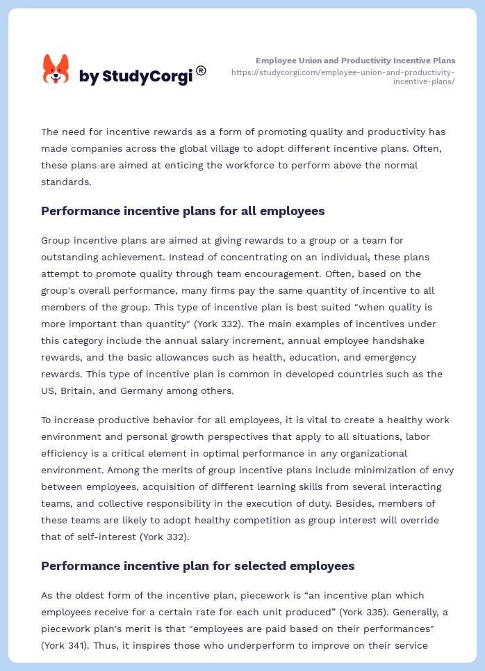 Employee Union and Productivity Incentive Plans. Page 2