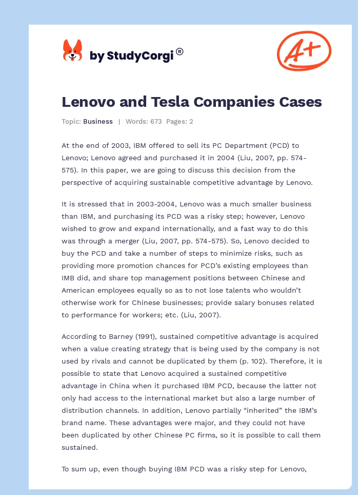 Lenovo and Tesla Companies Cases. Page 1