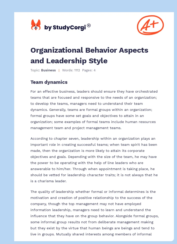 Organizational Behavior Aspects and Leadership Style. Page 1
