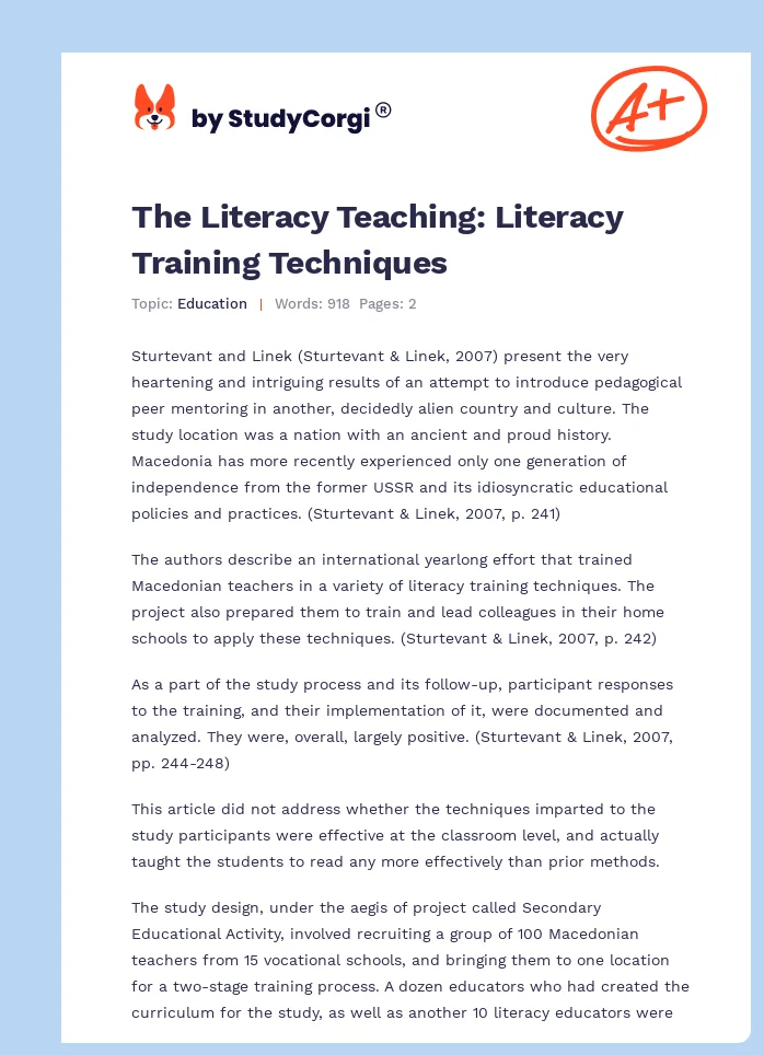 The Literacy Teaching: Literacy Training Techniques. Page 1