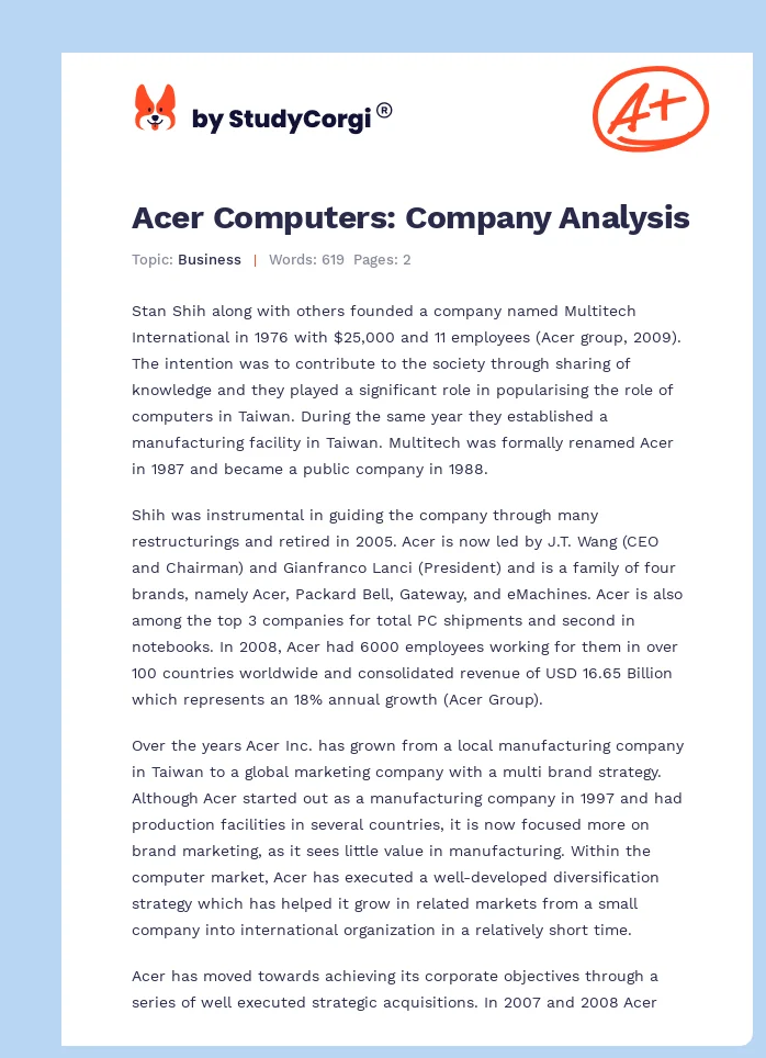 Acer Computers: Company Analysis. Page 1
