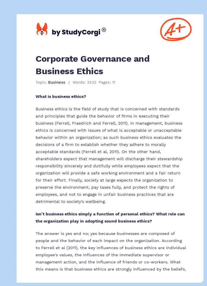 Corporate Governance and Business Ethics. Page 1