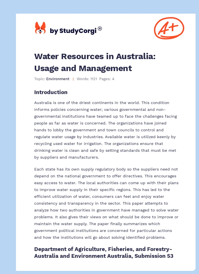 Water Resources in Australia: Usage and Management. Page 1