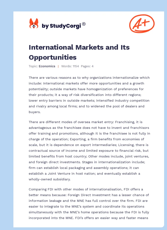 International Markets and Its Opportunities. Page 1