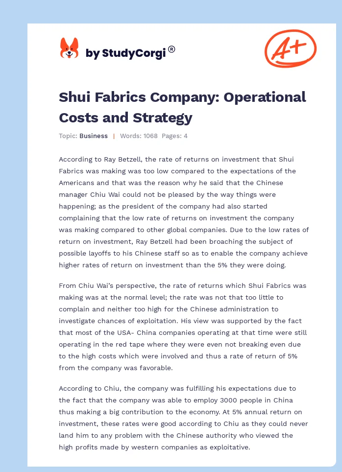 Shui Fabrics Company: Operational Costs and Strategy. Page 1
