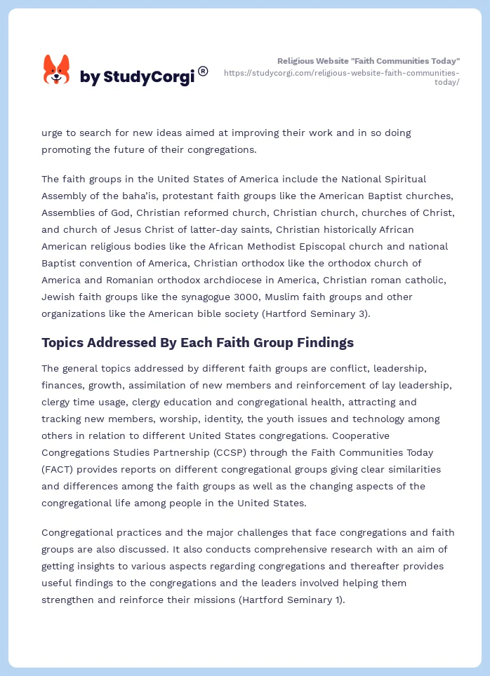 Religious Website "Faith Communities Today". Page 2