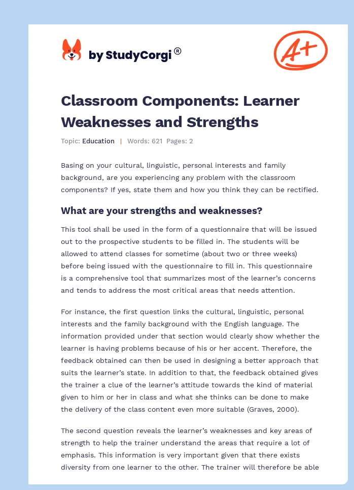 Classroom Components: Learner Weaknesses and Strengths. Page 1