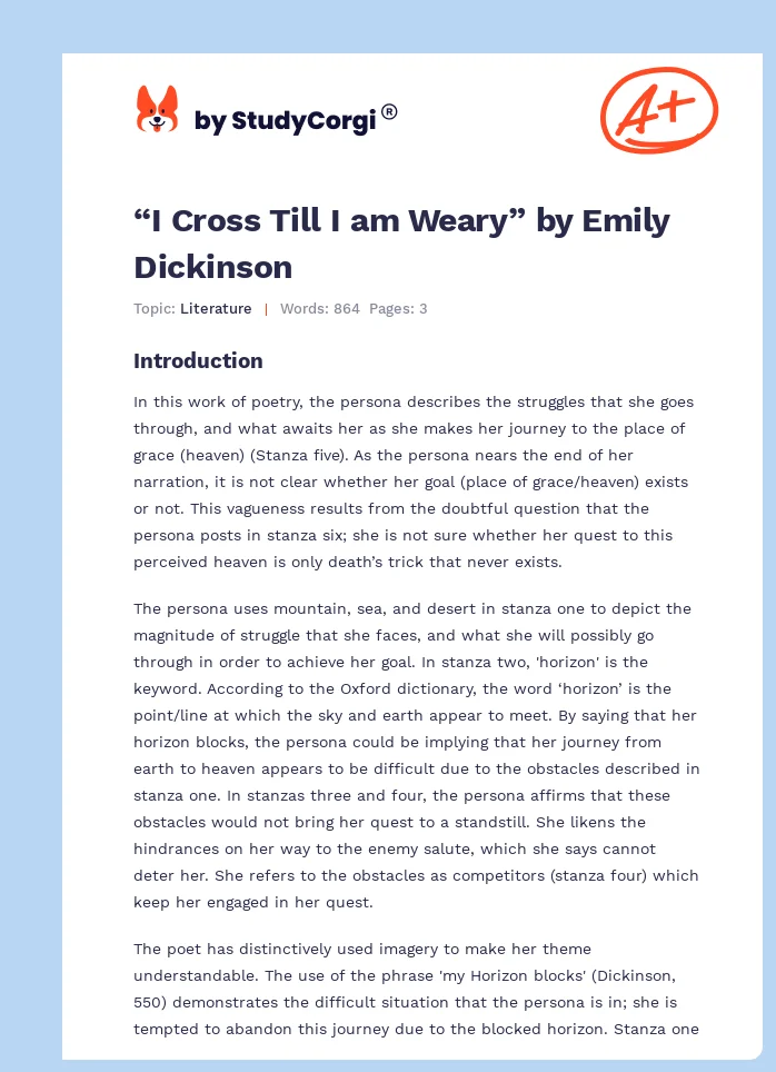 “I Cross Till I am Weary” by Emily Dickinson. Page 1