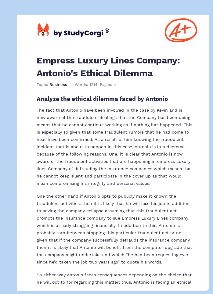 Empress Luxury Lines Company: Antonio's Ethical Dilemma. Page 1