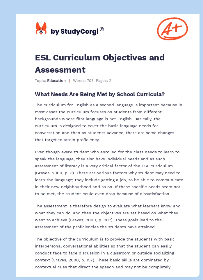 ESL Curriculum Objectives and Assessment. Page 1
