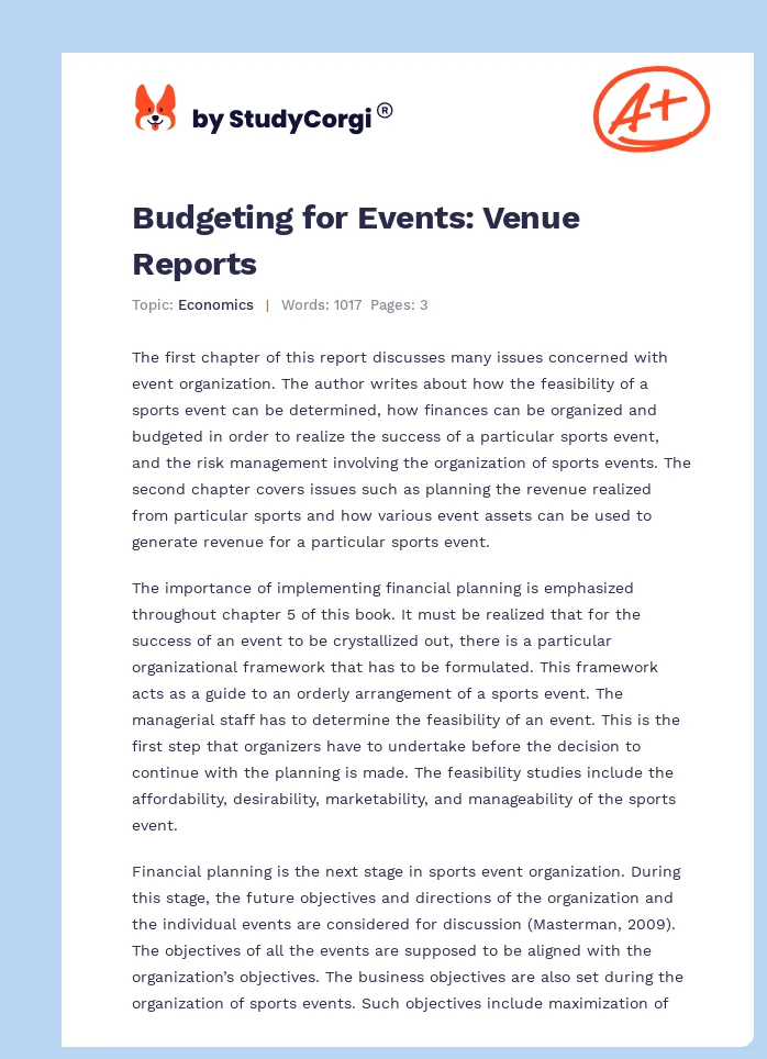 Budgeting for Events: Venue Reports. Page 1