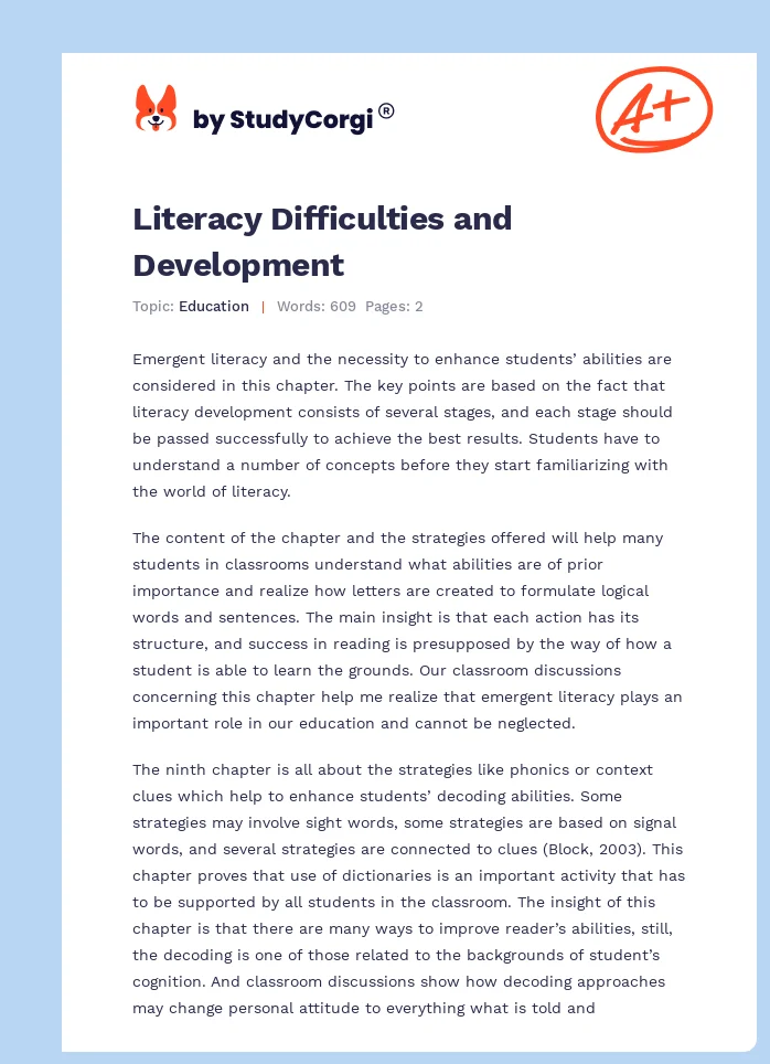Literacy Difficulties and Development. Page 1