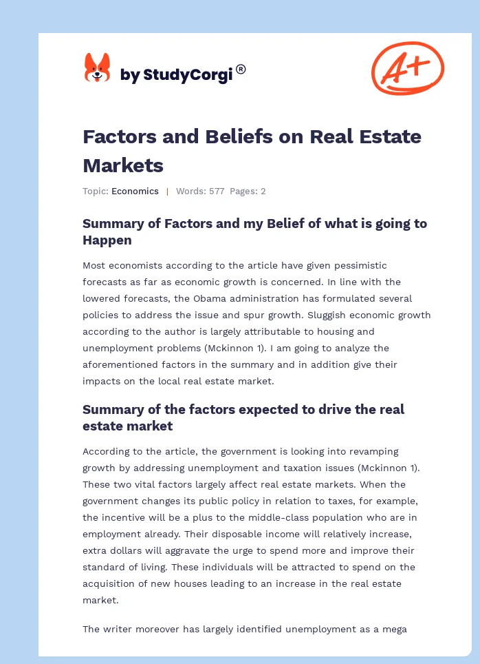 Factors and Beliefs on Real Estate Markets. Page 1