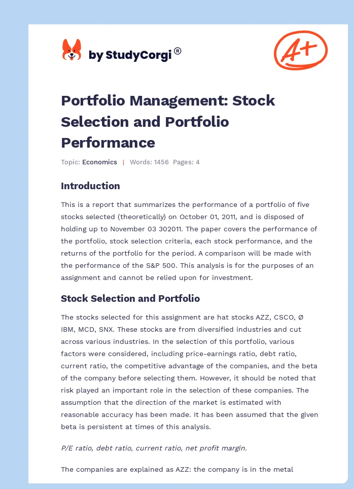 Portfolio Management: Stock Selection and Portfolio Performance. Page 1