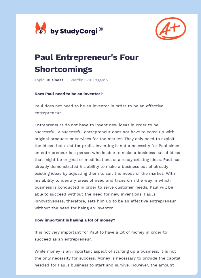 Paul Entrepreneur's Four Shortcomings. Page 1