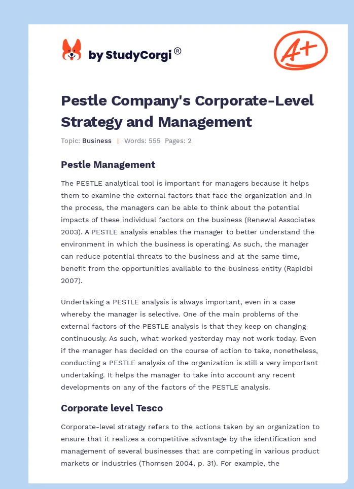 Pestle Company's Corporate-Level Strategy and Management. Page 1