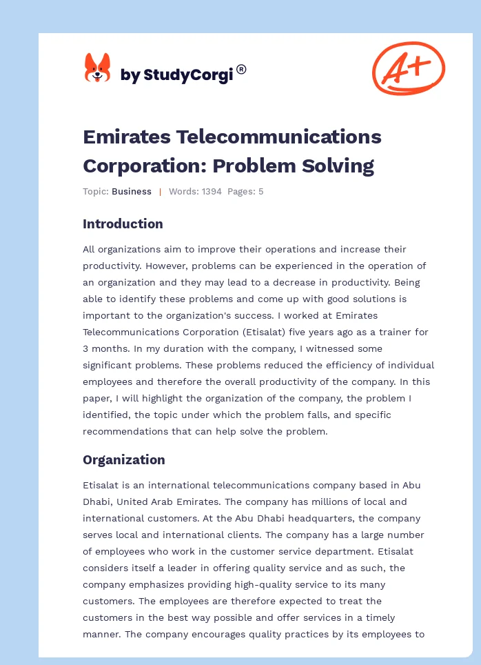 Emirates Telecommunications Corporation: Problem Solving. Page 1