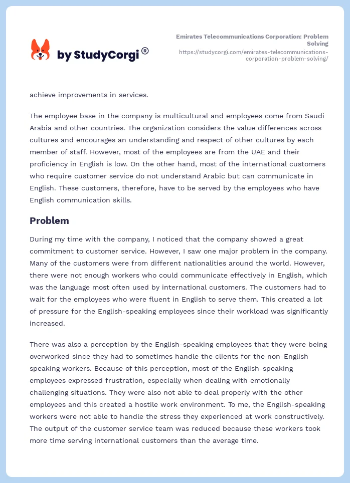 Emirates Telecommunications Corporation: Problem Solving. Page 2