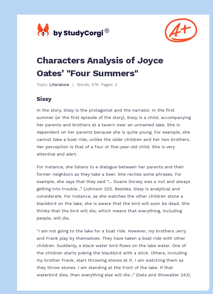 Characters Analysis of Joyce Oates’ "Four Summers". Page 1