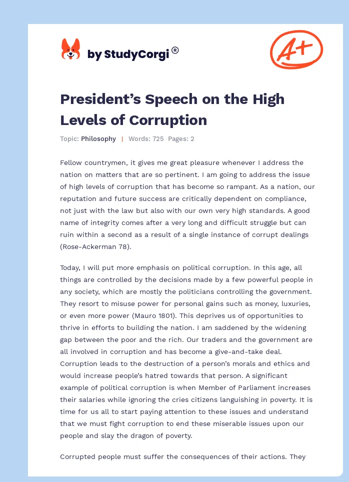President’s Speech on the High Levels of Corruption. Page 1
