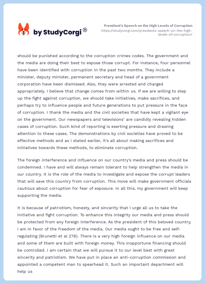 President’s Speech on the High Levels of Corruption. Page 2