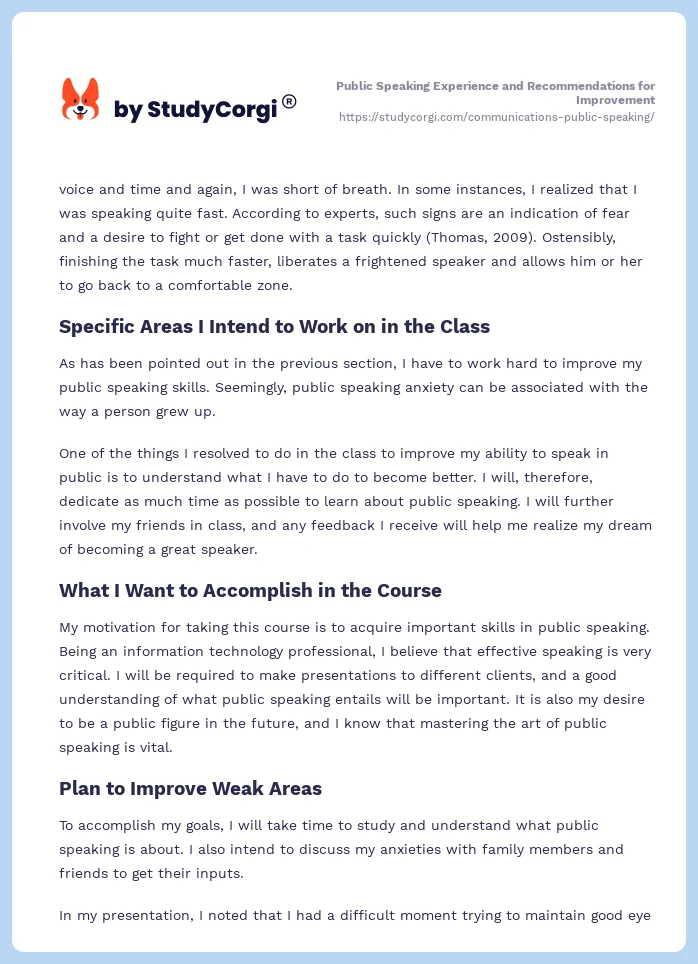 Public Speaking Experience and Recommendations for Improvement. Page 2