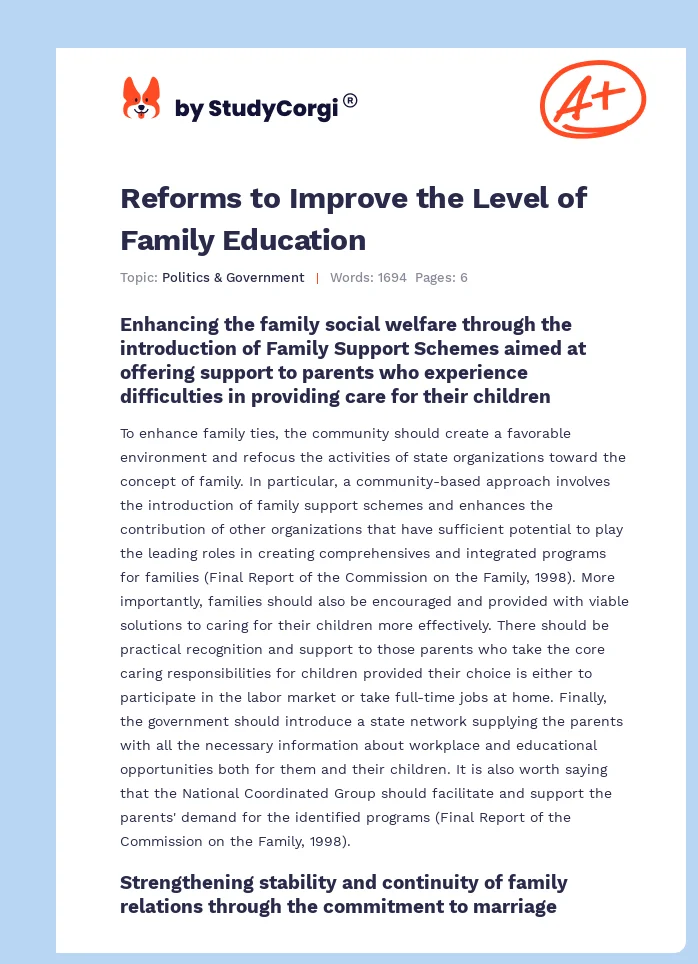 Reforms to Improve the Level of Family Education. Page 1