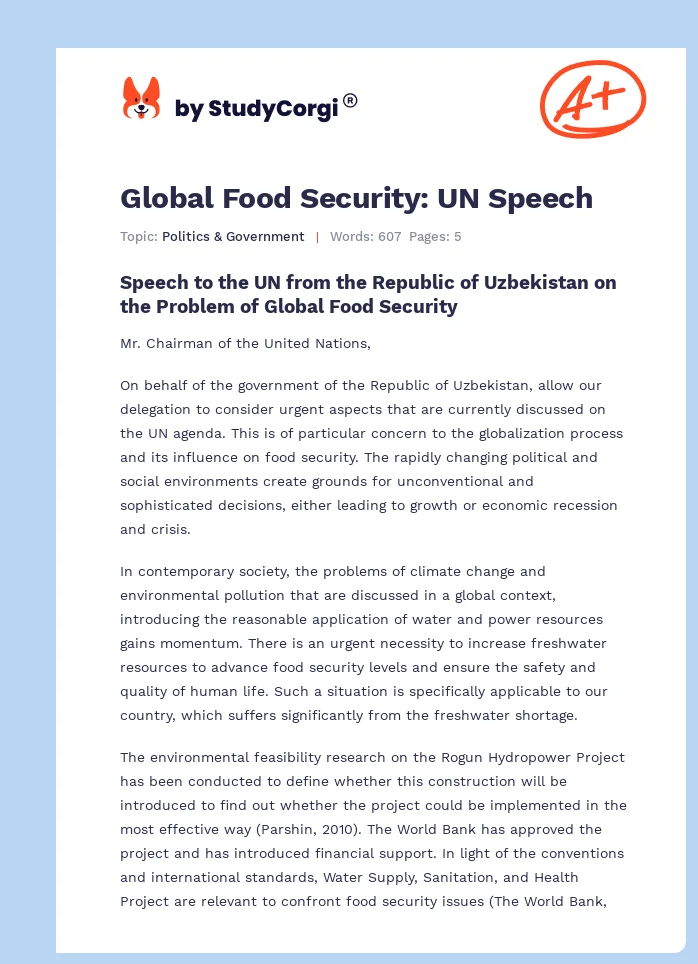 Global Food Security: UN Speech. Page 1