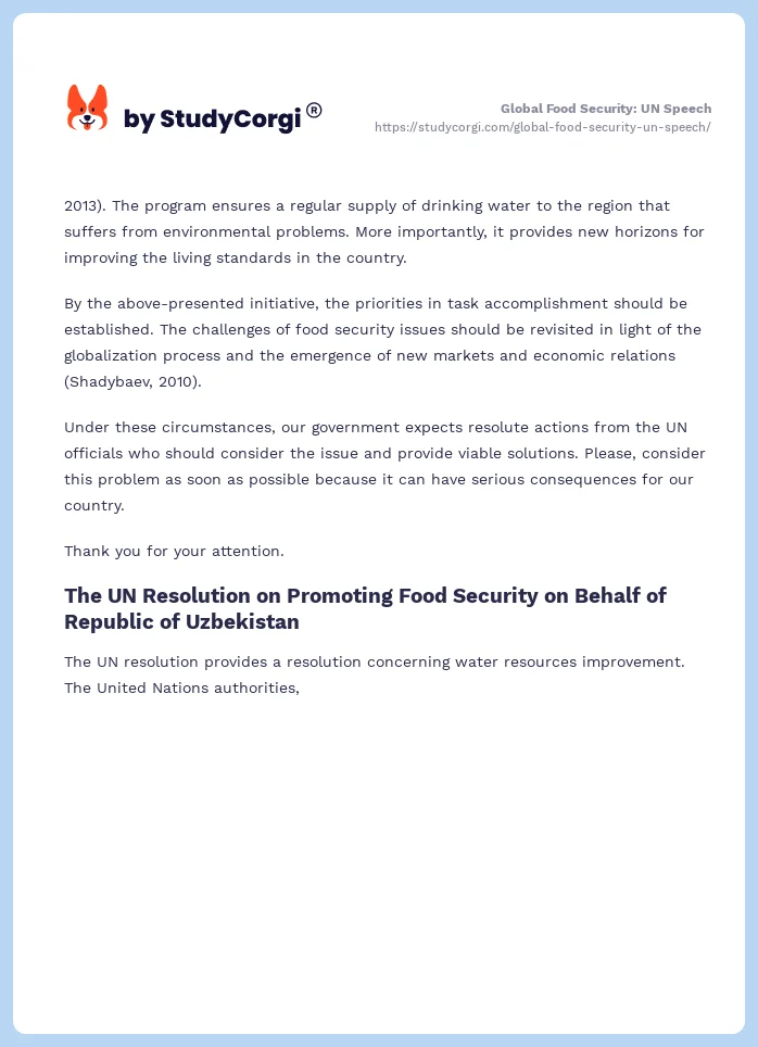 Global Food Security: UN Speech. Page 2