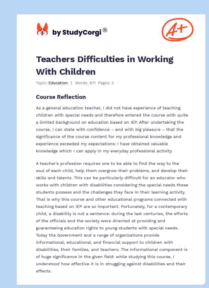 Teachers Difficulties in Working With Children. Page 1