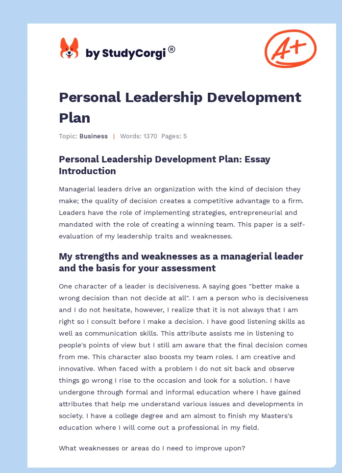 Personal Leadership Development Plan. Page 1