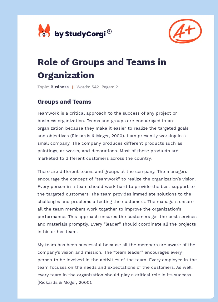 Role of Groups and Teams in Organization. Page 1