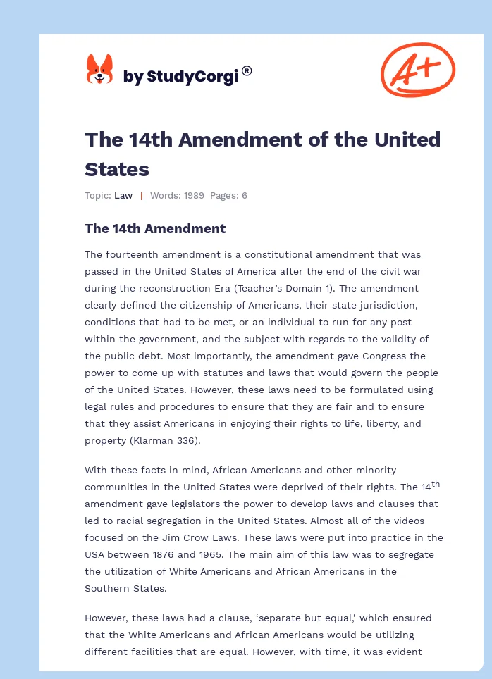 The 14th Amendment of the United States. Page 1