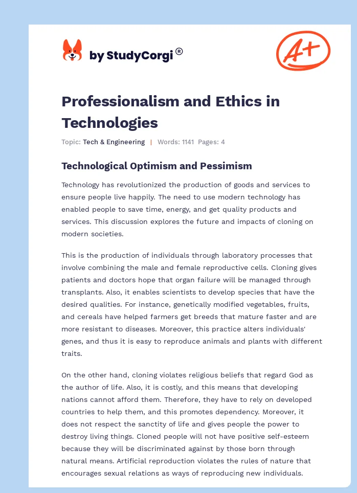 Professionalism and Ethics in Technologies. Page 1
