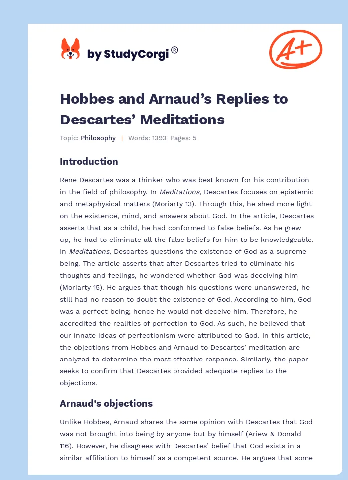 Hobbes and Arnaud’s Replies to Descartes’ Meditations. Page 1