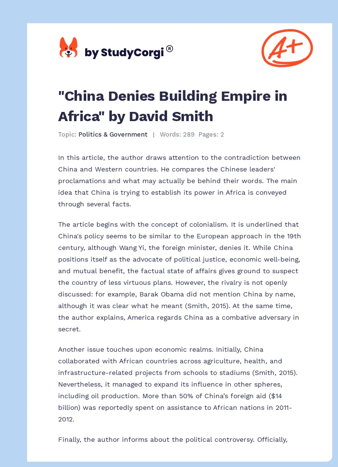 "China Denies Building Empire in Africa" by David Smith. Page 1