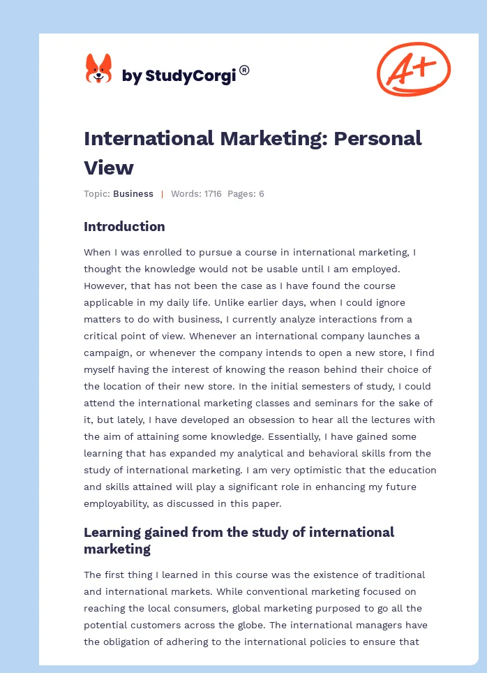 International Marketing: Personal View. Page 1