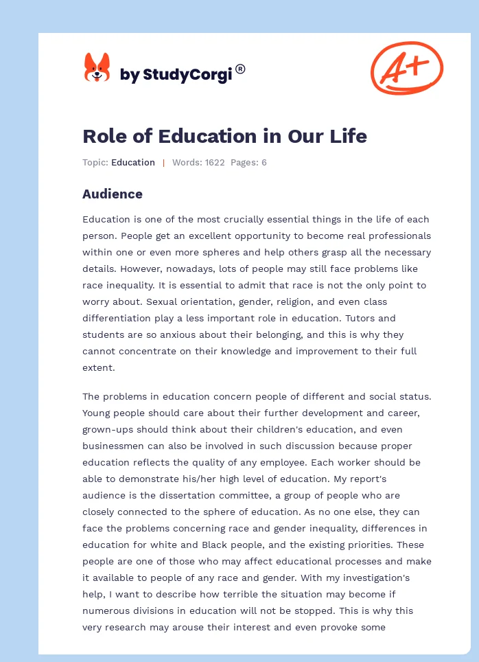 Role of Education in Our Life. Page 1