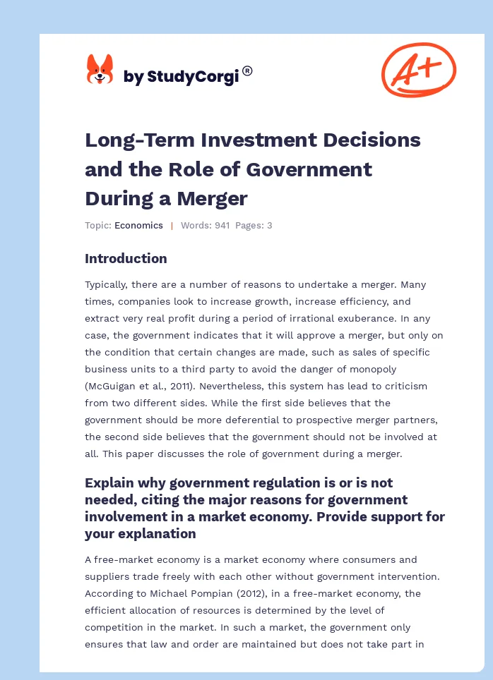 Long-Term Investment Decisions and the Role of Government During a Merger. Page 1