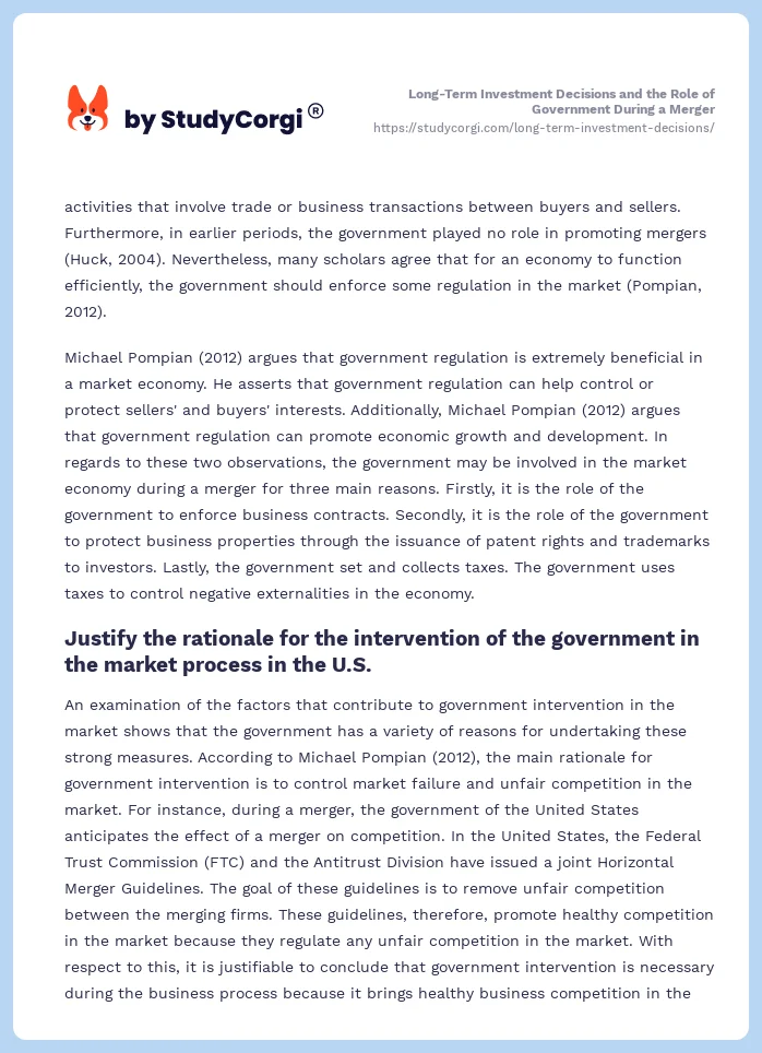 Long-Term Investment Decisions and the Role of Government During a Merger. Page 2