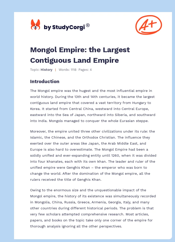 Mongol Empire: the Largest Contiguous Land Empire. Page 1