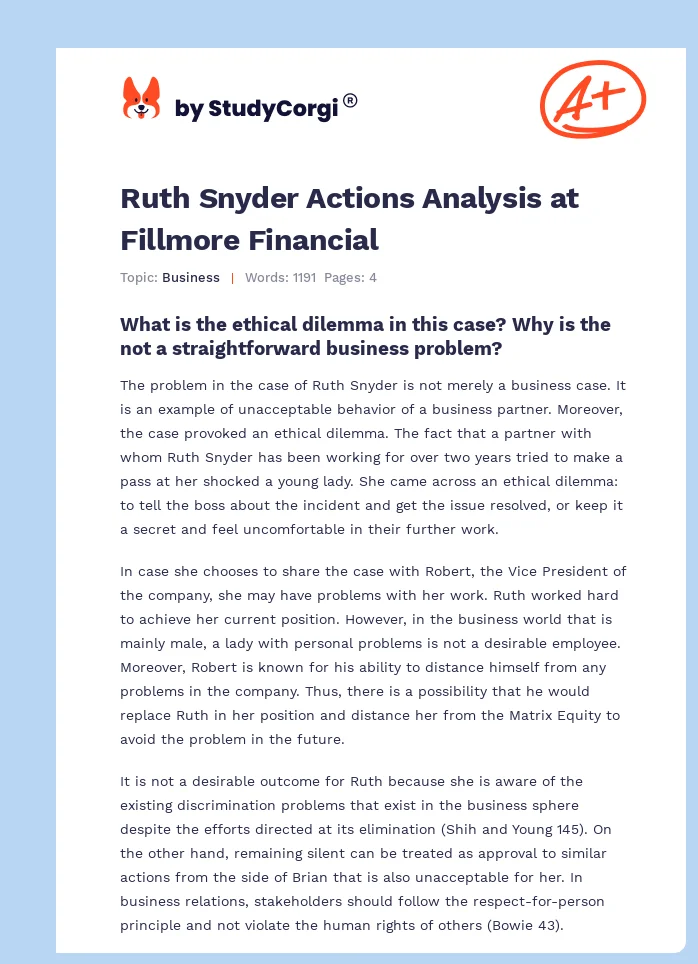 Ruth Snyder Actions Analysis at Fillmore Financial. Page 1