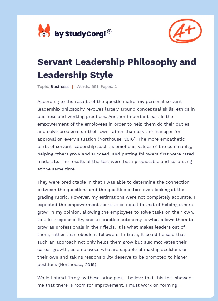 Servant Leadership Philosophy and Leadership Style. Page 1