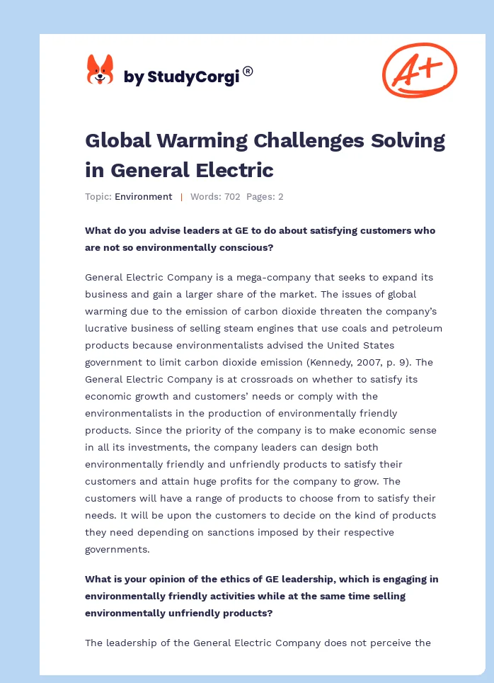 Global Warming Challenges Solving in General Electric. Page 1