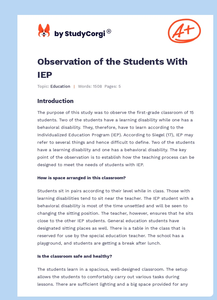 Observation of the Students With IEP. Page 1