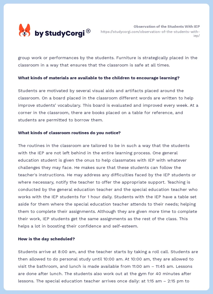 Observation of the Students With IEP. Page 2